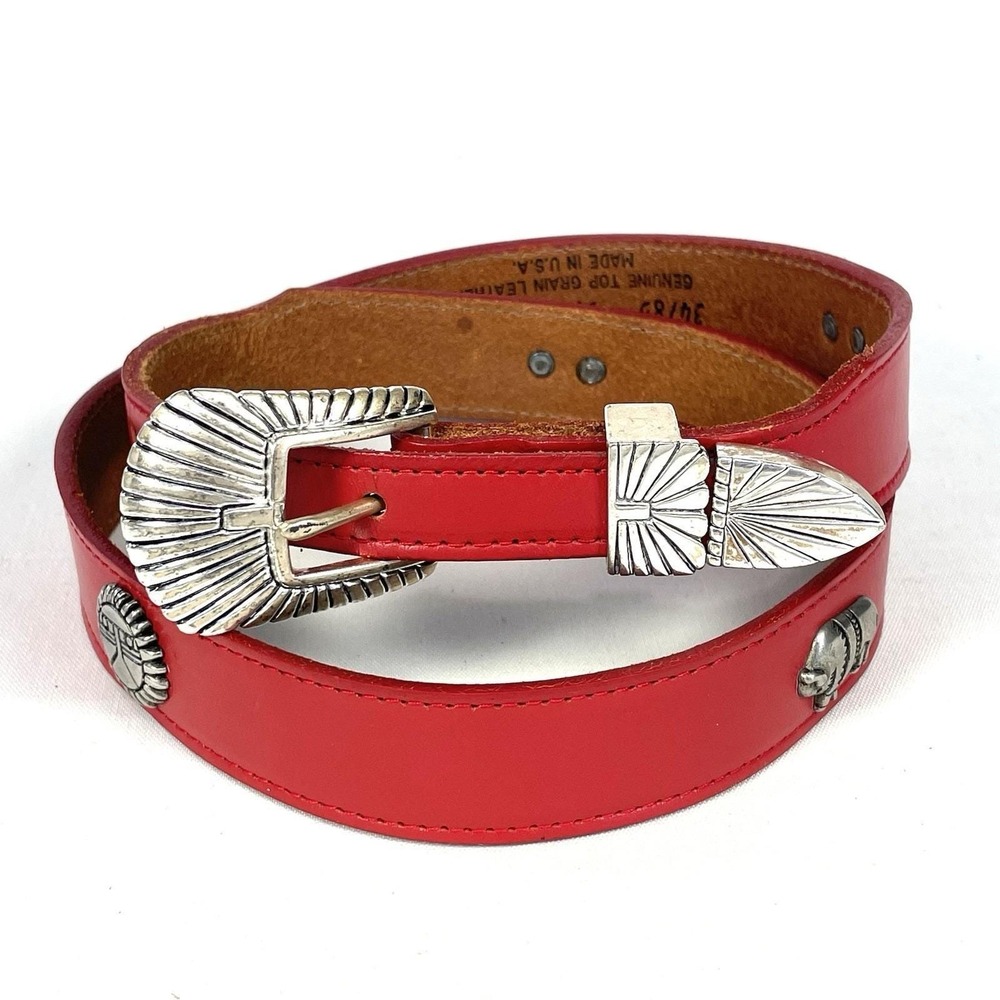 Vintage Red Leather Western Belt Silver Buckle Studded Southwestern USA Size 34